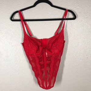 Shirley of Hollywood Red Mesh and Lace Underwire Corset Size 36